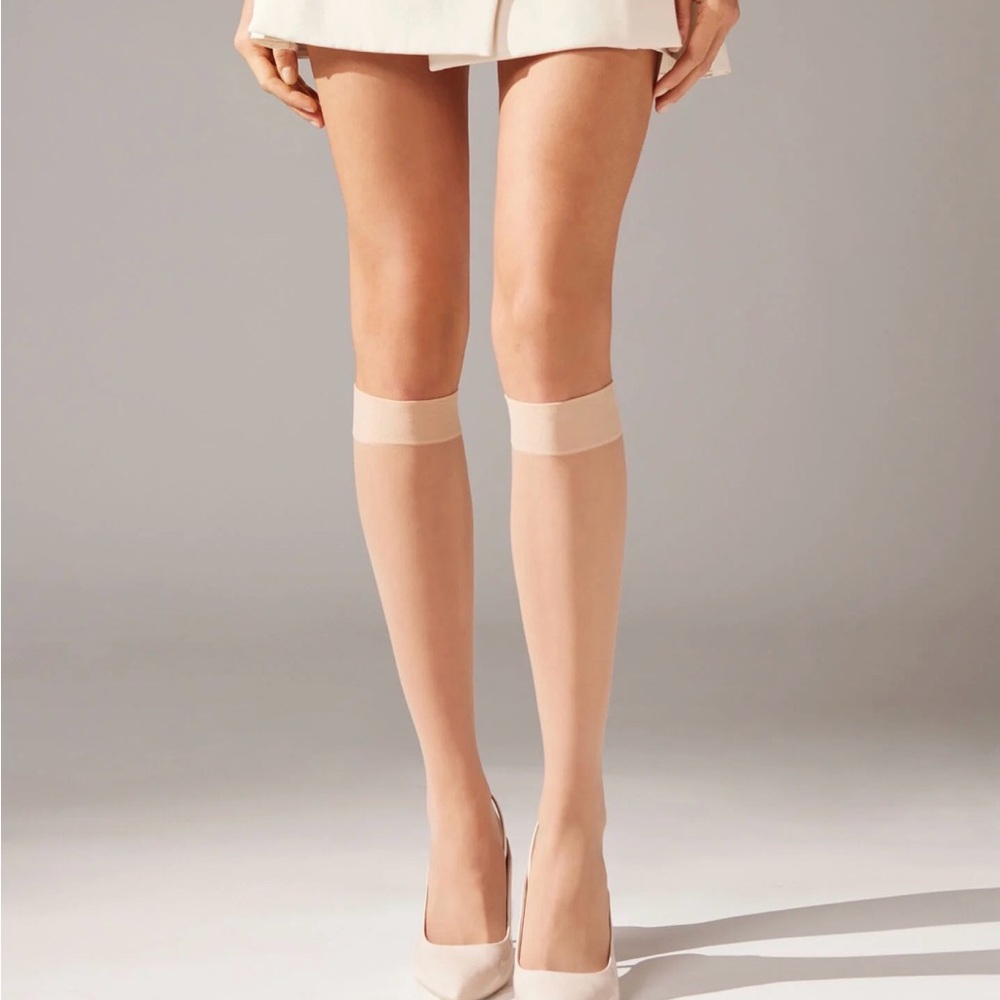 Caledonia women’s knee high socks mesh sheer light ivory (has yellow tones)